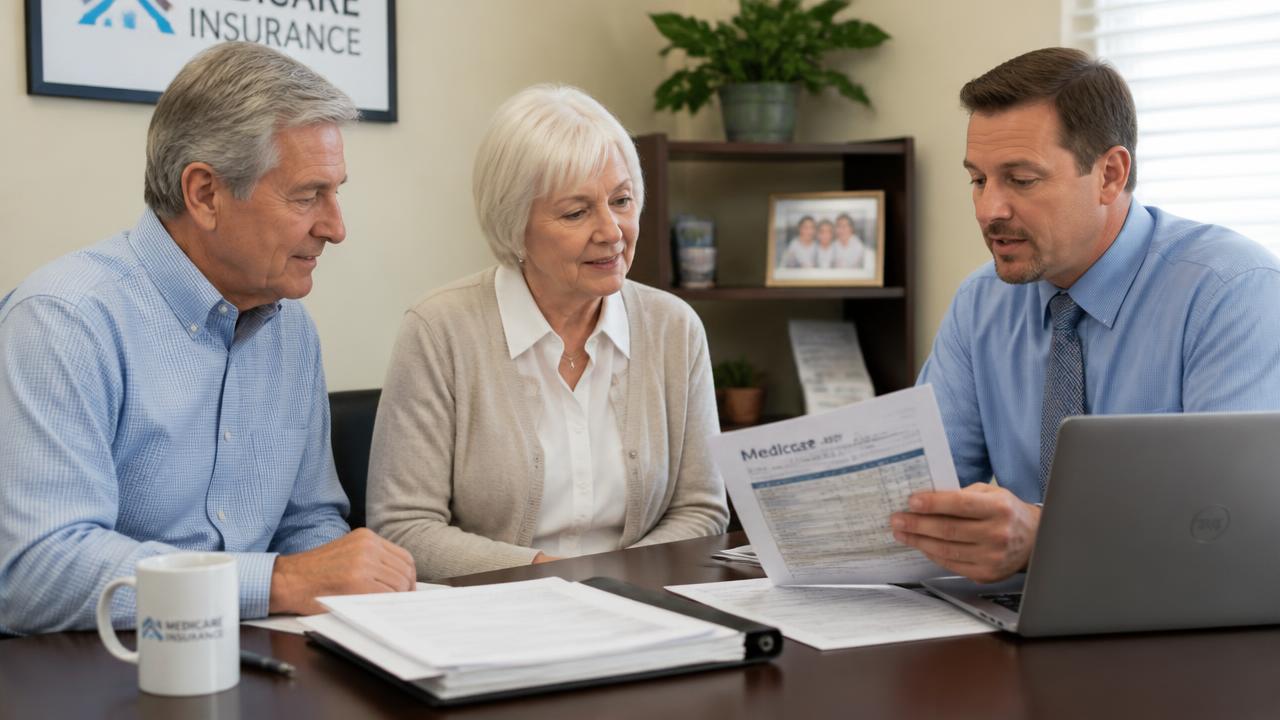 Independent Medicare agent reviewing plan documents with a Clovis senior couple in a local office