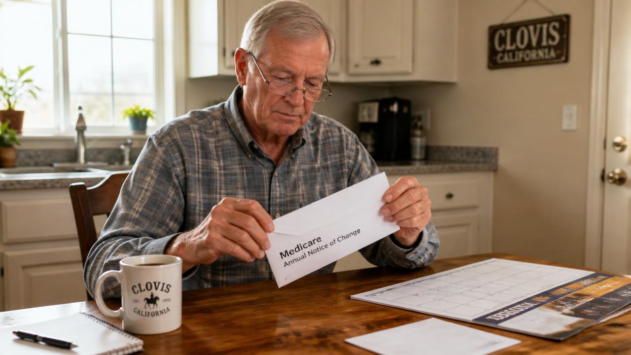 Clovis senior opening his Medicare Annual Notice of Change envelope at the kitchen table