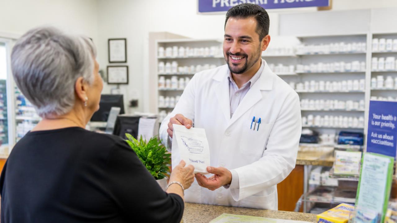 Pharmacist handing prescription medications to a senior woman at a Central Valley pharmacy counter