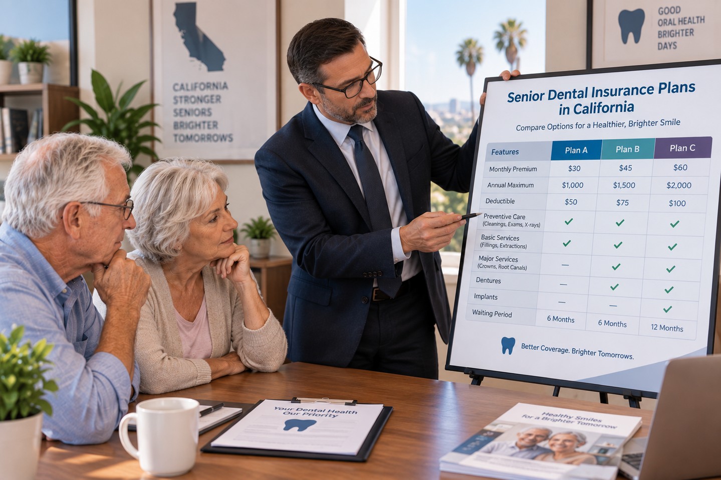 A professional showing comparison of senior dental insurance plans in California for dental coverage