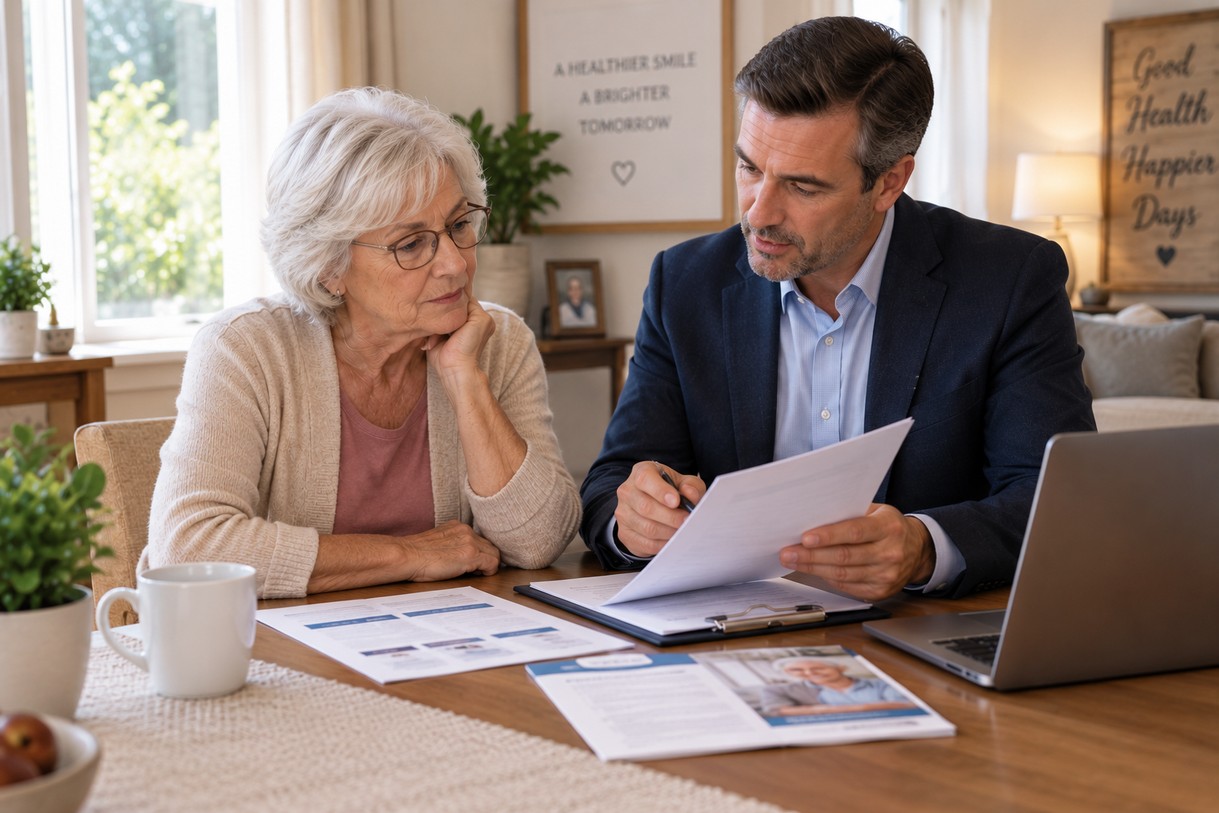Senior reviewing senior dental plans in California with an insurance professional.