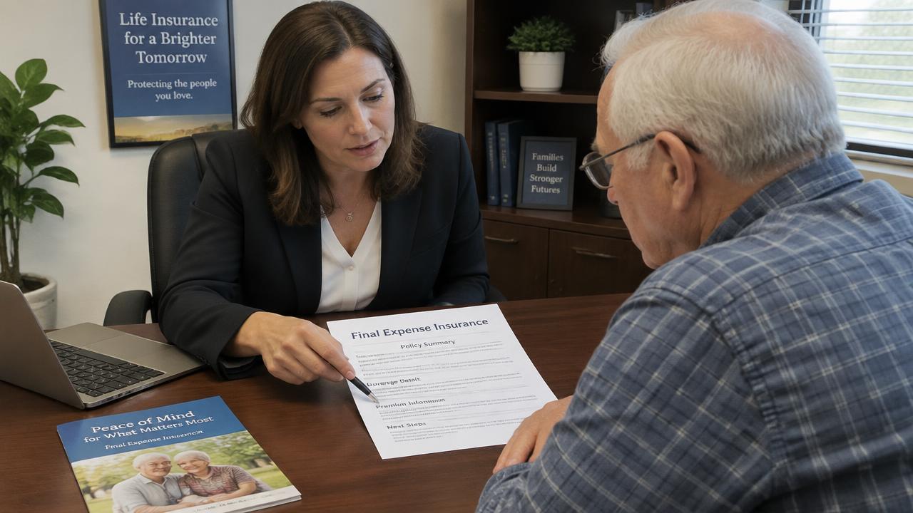 Insurance agent reviewing final expense insurance for seniors in California with a client.
