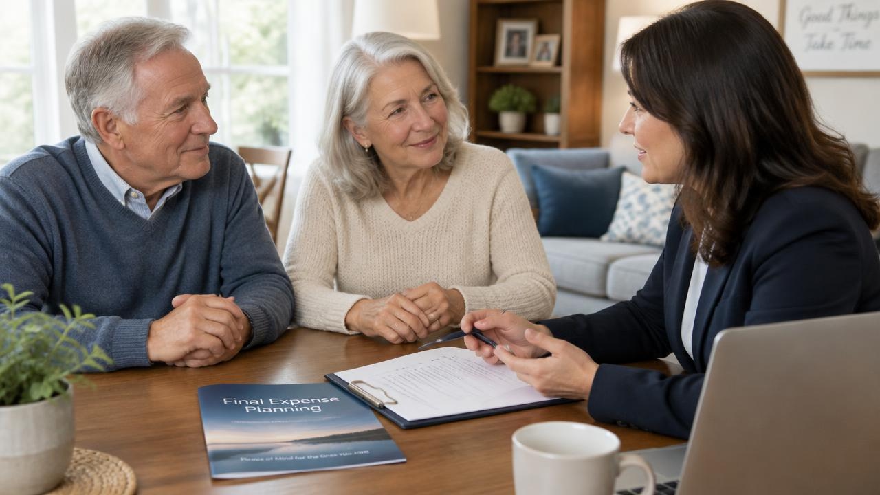 Senior couple discussing final expense insurance in California with an insurance agent.