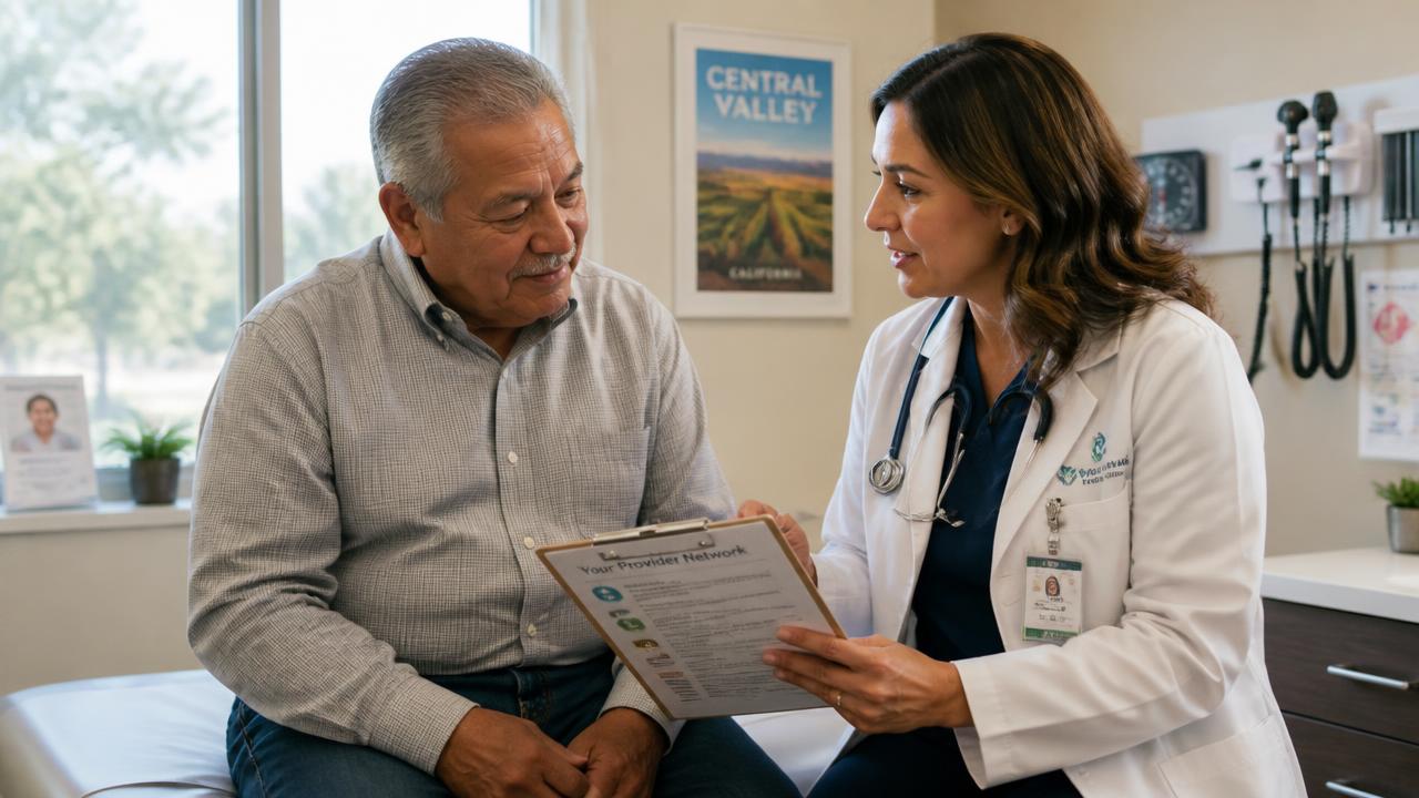Fresno senior reviewing his provider network list with his doctor at a Central Valley clinic