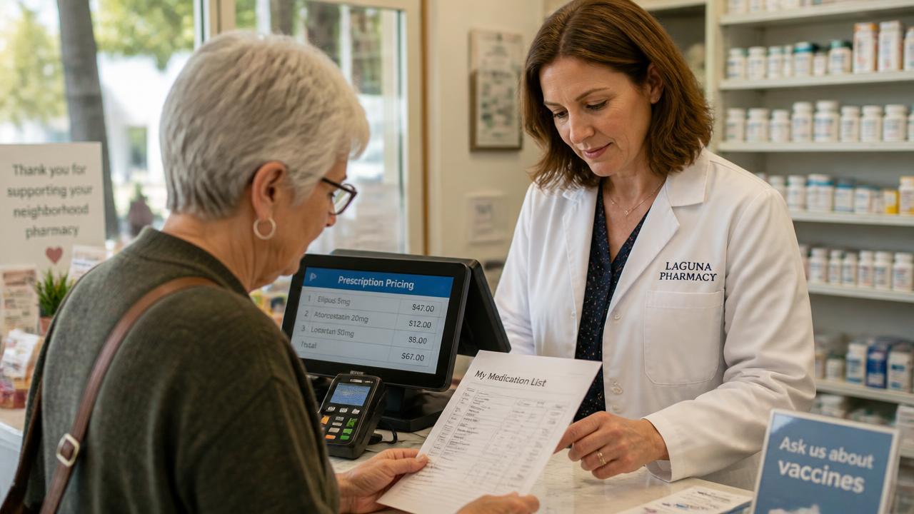Fresno senior comparing Medicare drug plan pricing with a pharmacist using her medication list
