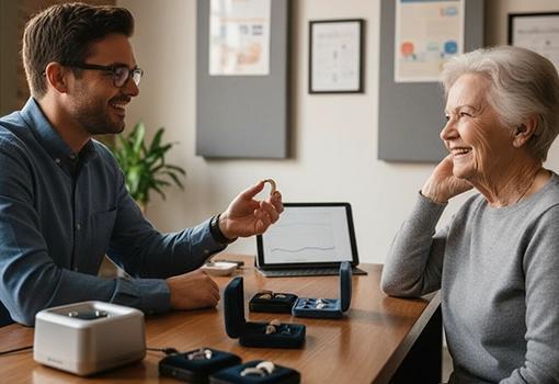 Senior man wearing a hearing aid during a family conversation while reviewing hearing insurance in California needs.