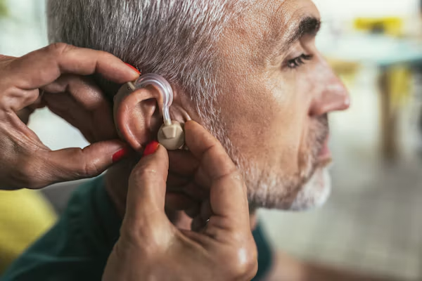Audiologist fitting a hearing aid for a senior comparing hearing insurance in California.