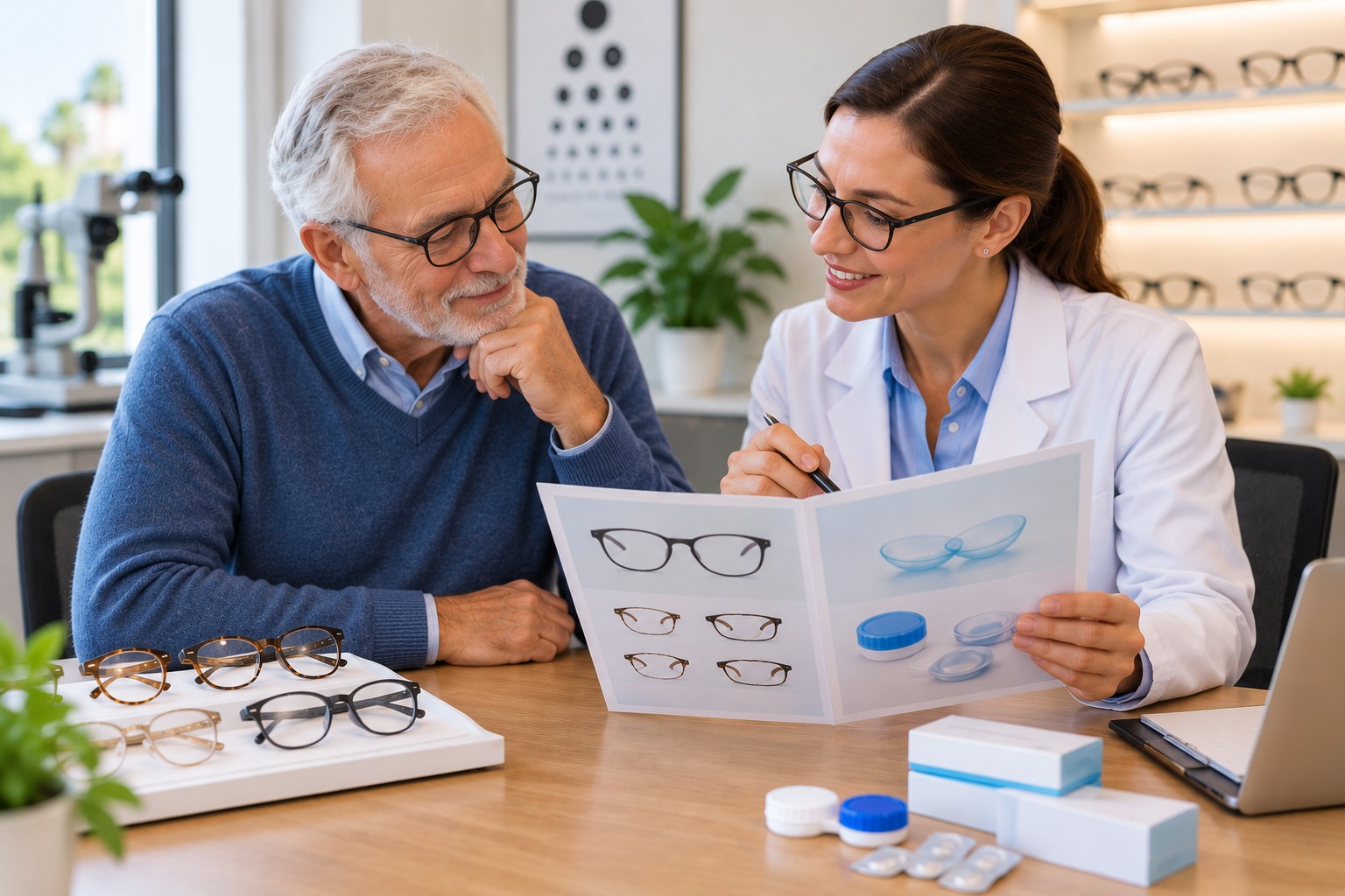 Senior comparing glasses and contact benefits under vision insurance plans in California.