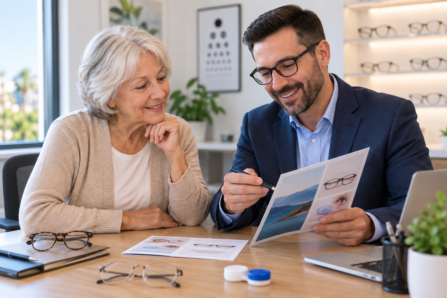 Senior reviewing vision insurance in California options for eye exams, glasses, and contacts.