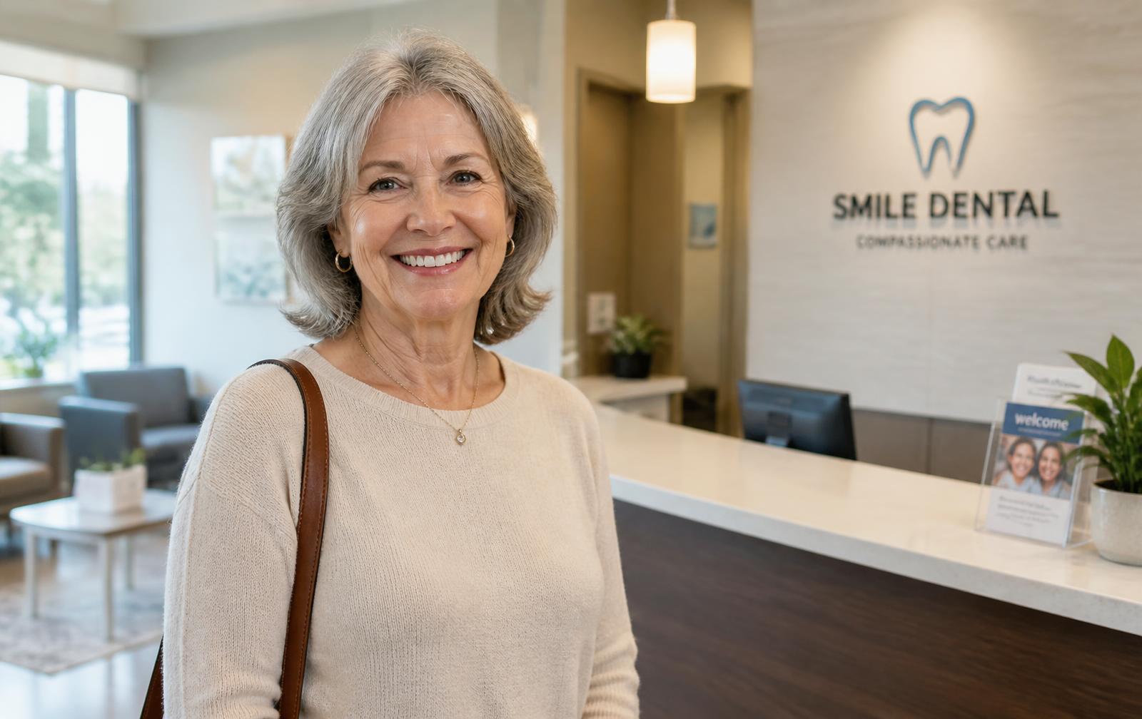 Senior dental insurance member smiling at a dental office serving Kern County