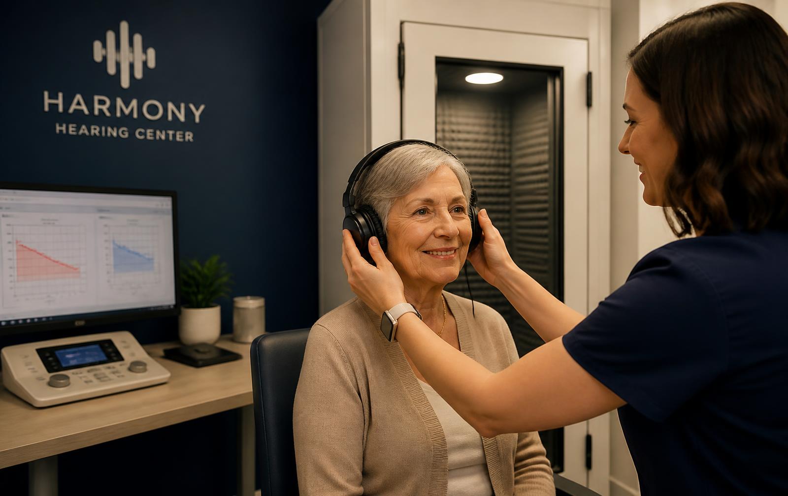 Senior receiving a hearing exam covered by hearing insurance near Kern County