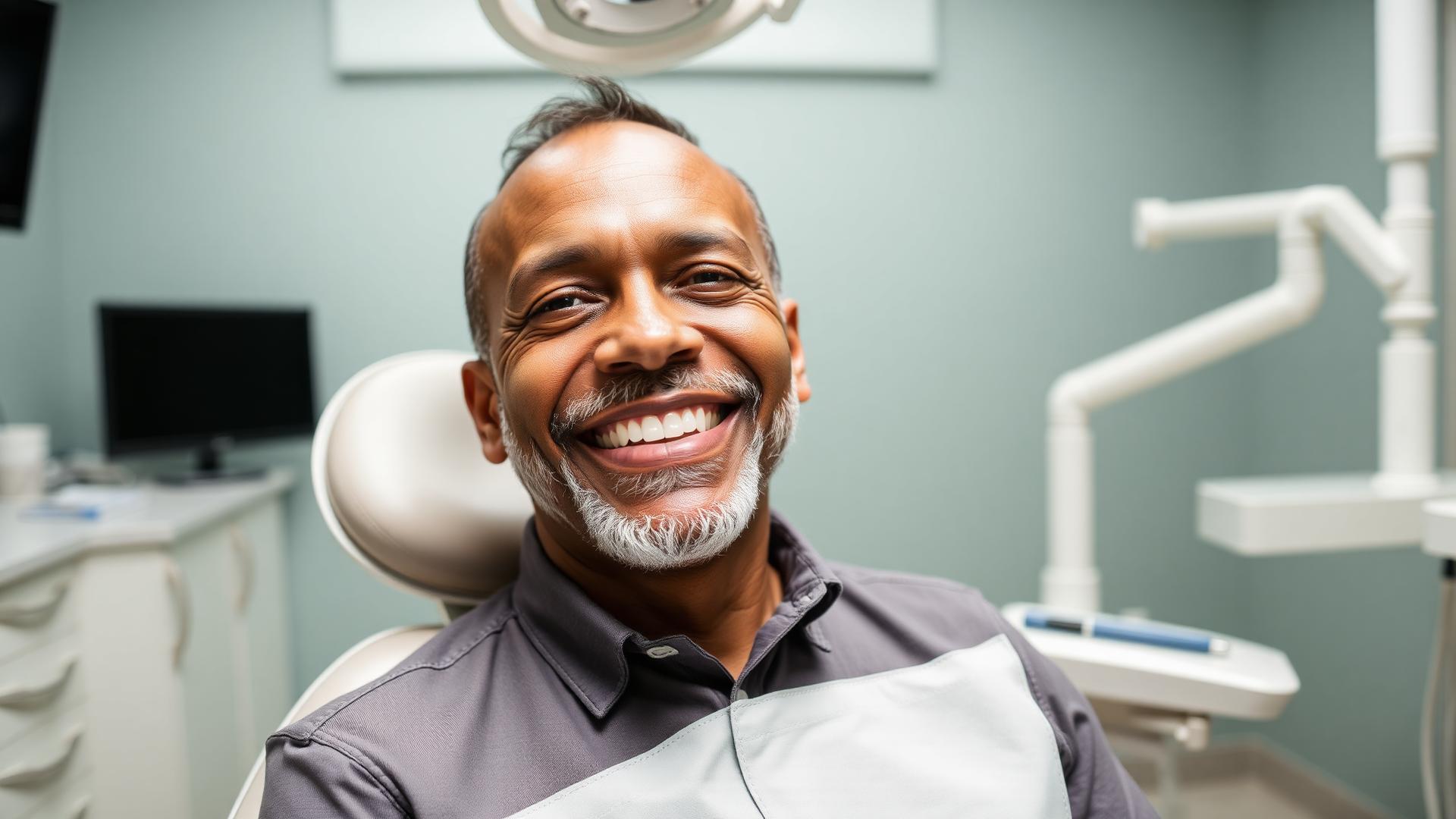Smiling senior man in a dental chair covered by a California senior dental plan