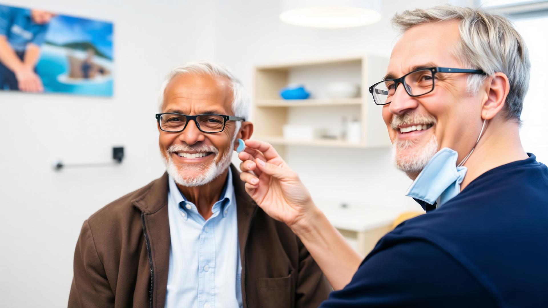 Audiologist fitting a hearing aid on a smiling California senior man