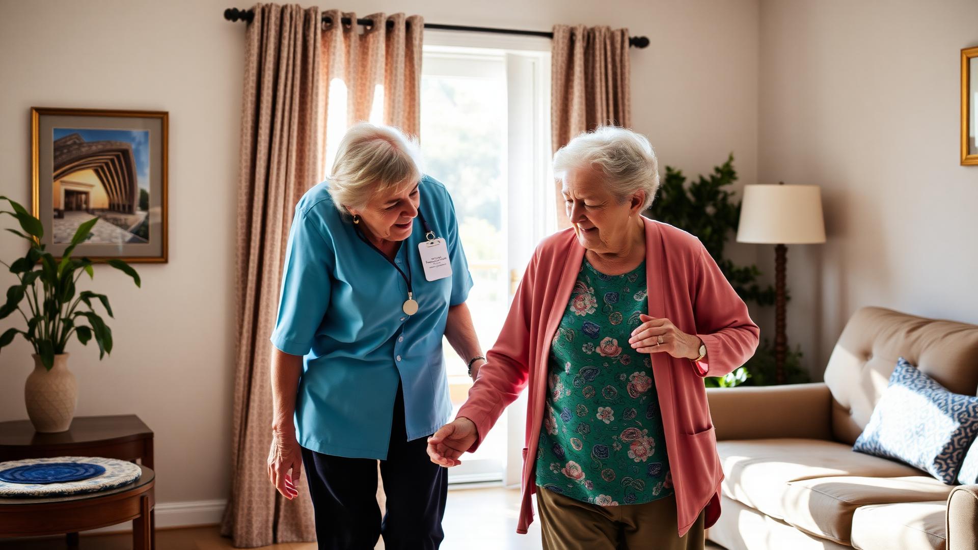 Home caregiver helping a California senior woman walk safely in her living room