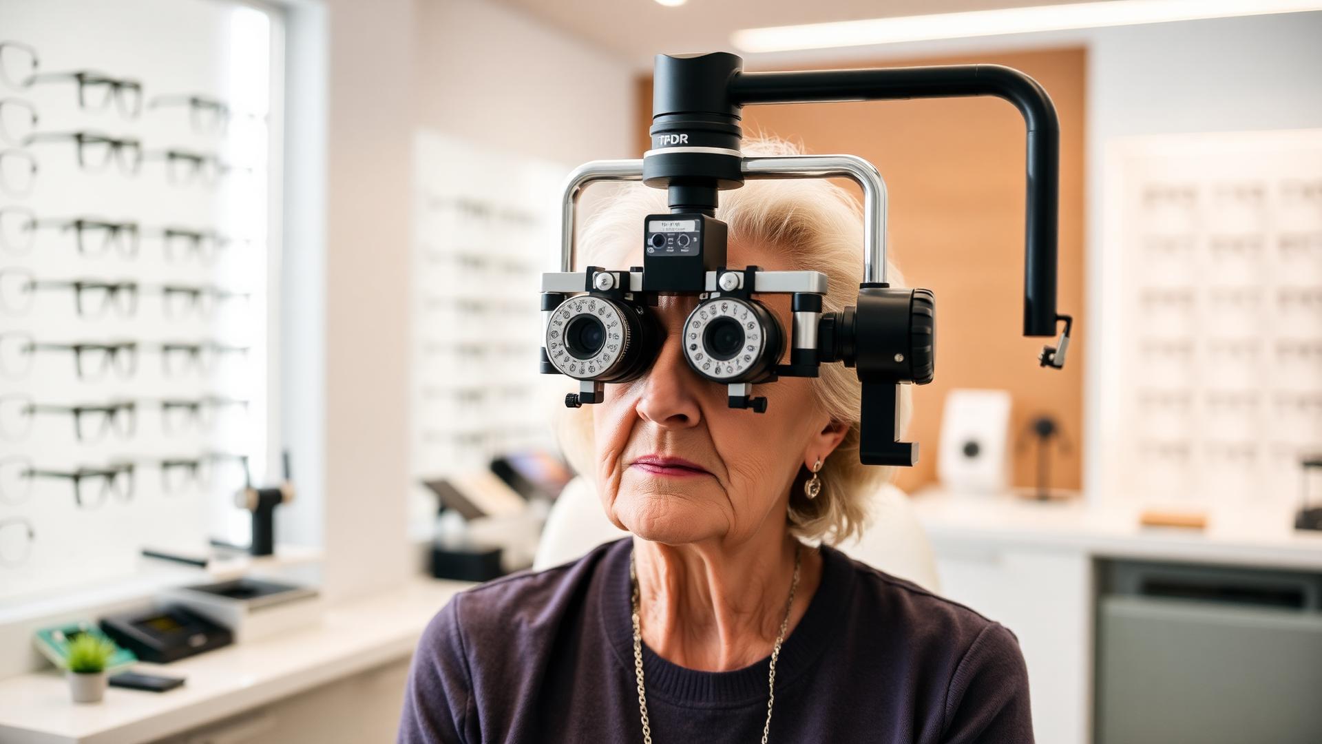 Senior woman receiving an annual eye exam covered by a California senior vision plan