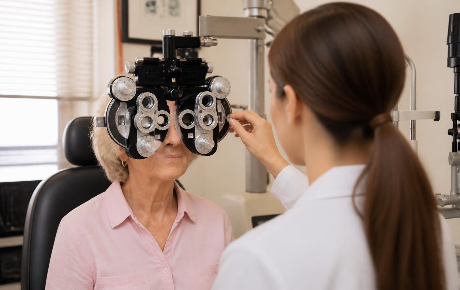 Senior having a routine eye exam covered by vision insurance near Stanislaus County
